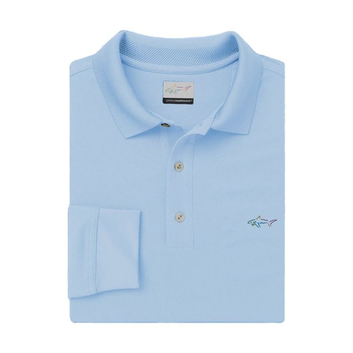 GREG NORMAN Men's Classic Pique Shark Long Sleeve Golf Polo - Blue Haze