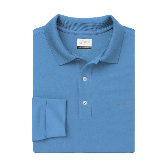 GREG NORMAN Men's Classic Pique Shark Long Sleeve Golf Polo - Riverside Blue
