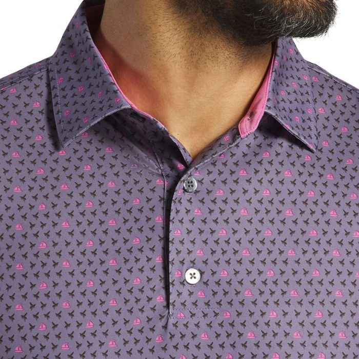 FOOTJOY Men's Flying Wasp Print Lisle Golf Polo Shirt - Purple Dusk/Black/Pink