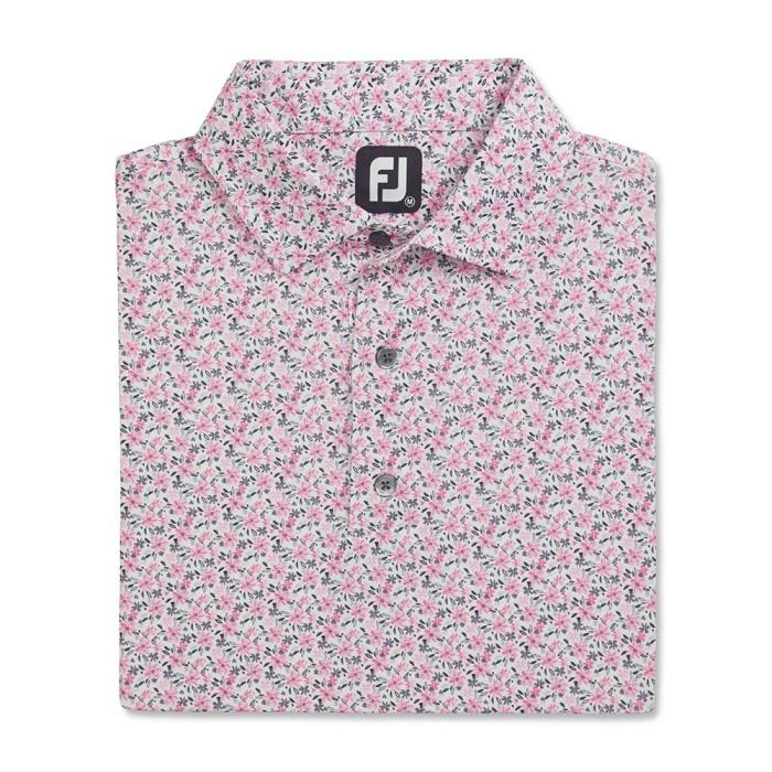 FOOTJOY Men's All Over Floral Print Lisle Golf Polo T-Shirt - White/Pink/Purple Dusk