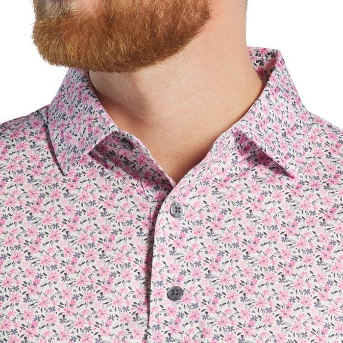 FOOTJOY Men's All Over Floral Print Lisle Golf Polo T-Shirt - White/Pink/Purple Dusk