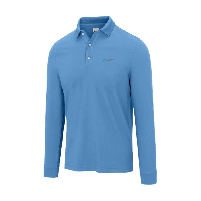 GREG NORMAN Men's Classic Pique Shark Long Sleeve Golf Polo - Riverside Blue