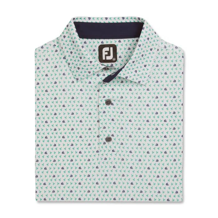 FOOTJOY Men's Flying Wasp Lisle Golf Polo Shirt - White/Emerald/Navy