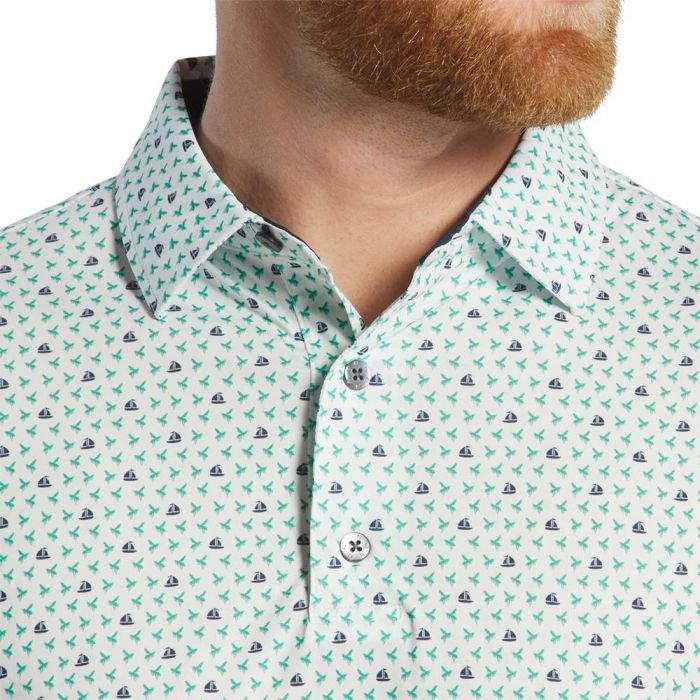FOOTJOY Men's Flying Wasp Lisle Golf Polo Shirt - White/Emerald/Navy