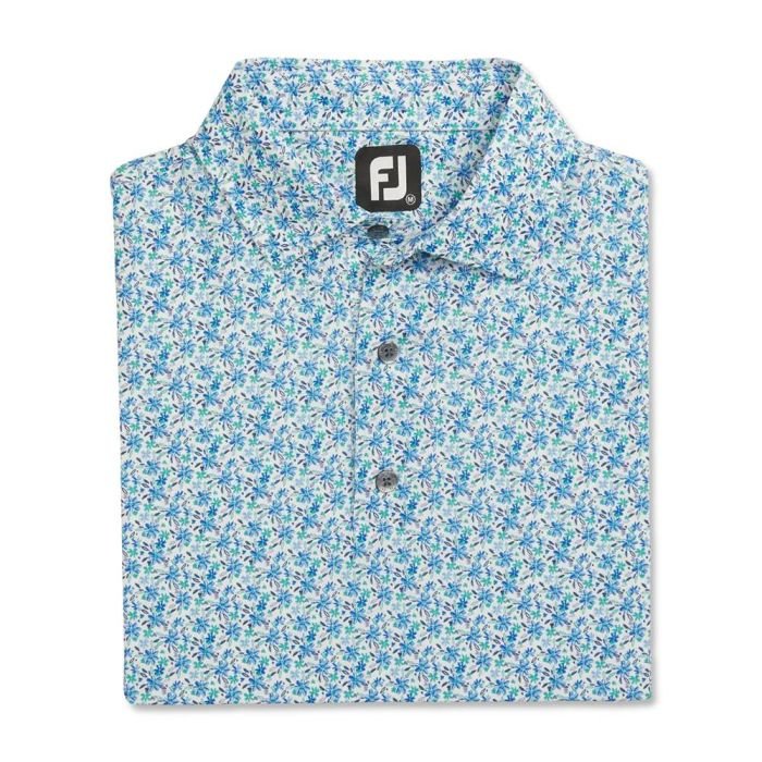 FOOTJOY Men's All Over Floral Print Lisle Golf Polo T-Shirt - White/Blue/Emerald
