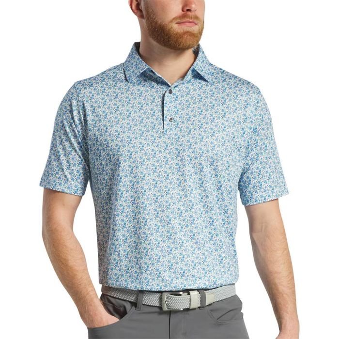 FOOTJOY Men's All Over Floral Print Lisle Golf Polo T-Shirt - White/Blue/Emerald