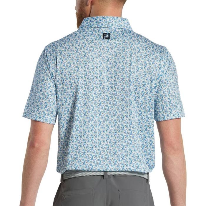 FOOTJOY Men's All Over Floral Print Lisle Golf Polo T-Shirt - White/Blue/Emerald