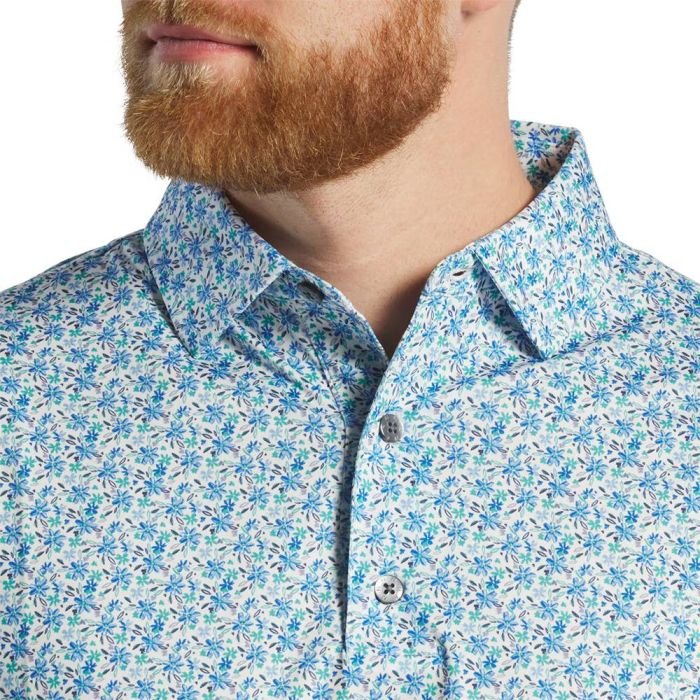 FOOTJOY Men's All Over Floral Print Lisle Golf Polo T-Shirt - White/Blue/Emerald
