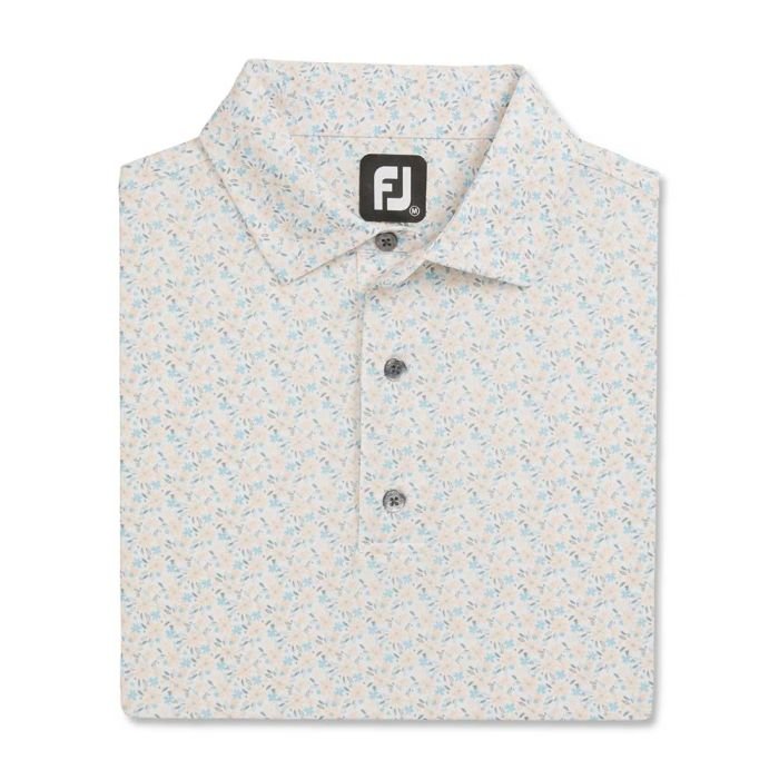 FOOTJOY Men's All Over Floral Print Lisle Golf Polo Shirt - White/Sunset/Lake Blue