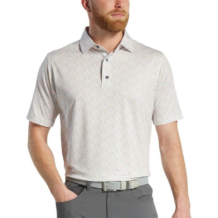 FOOTJOY Men's All Over Floral Print Lisle Golf Polo Shirt - White/Sunset/Lake Blue
