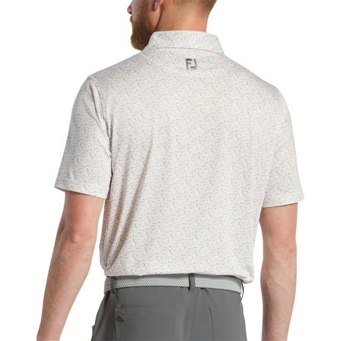 FOOTJOY Men's All Over Floral Print Lisle Golf Polo Shirt - White/Sunset/Lake Blue