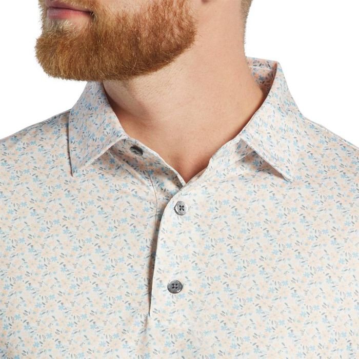 FOOTJOY Men's All Over Floral Print Lisle Golf Polo Shirt - White/Sunset/Lake Blue