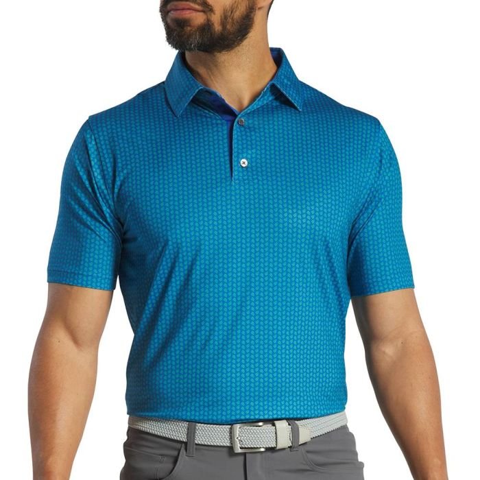 FOOTJOY Men's Leaf Print Lisle Golf Polo T-Shirt - Blue/Emerald