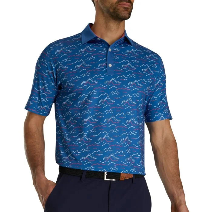 FOOTJOY Wave Print Lisle Self Collar Golf Polo Shirt - Sapphire